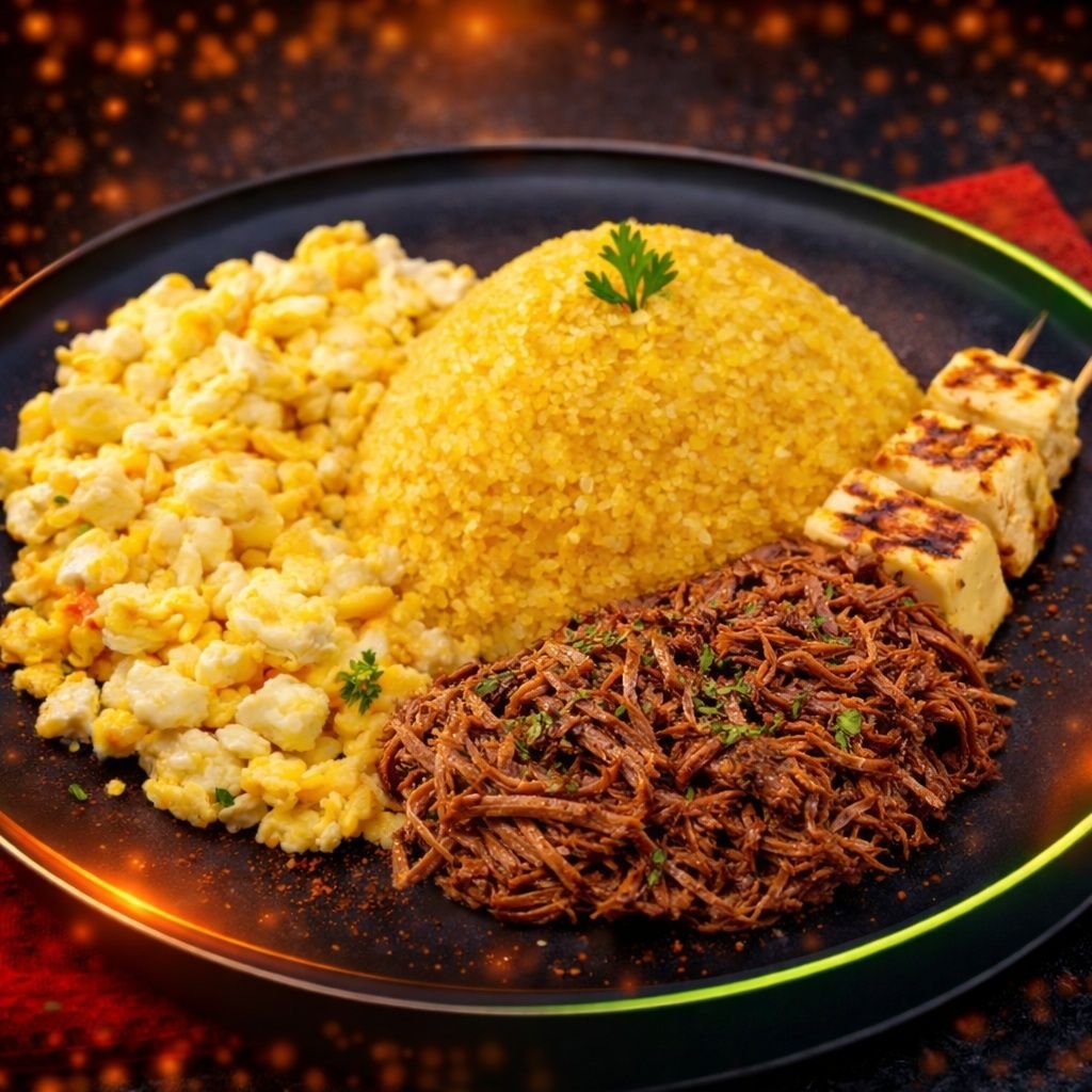 Cuscuz fraldinha desfiada + Queijo Coalho + Ovo